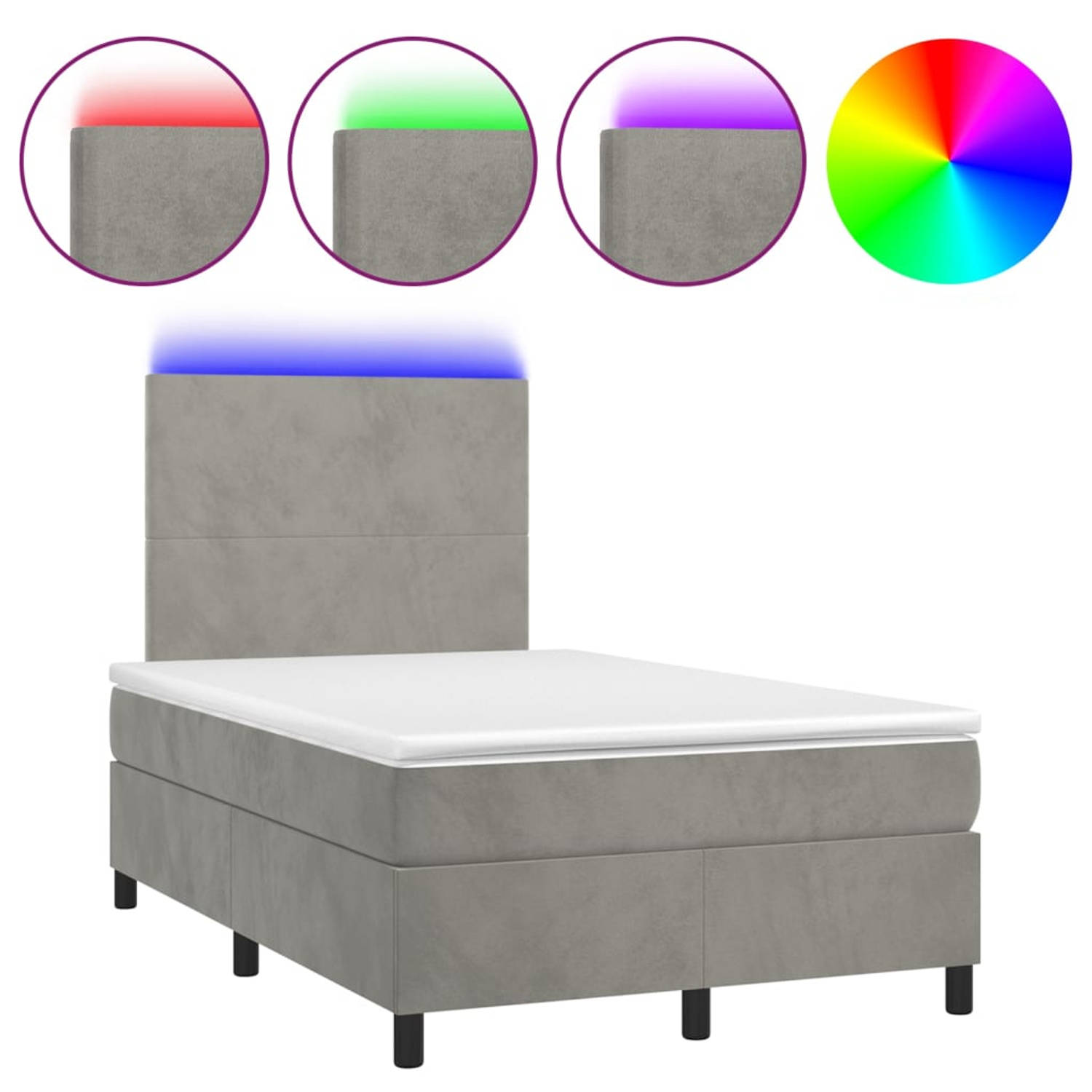 The Living Store Boxspring met matras en LED fluweel lichtgrijs 120x200 cm - Bed