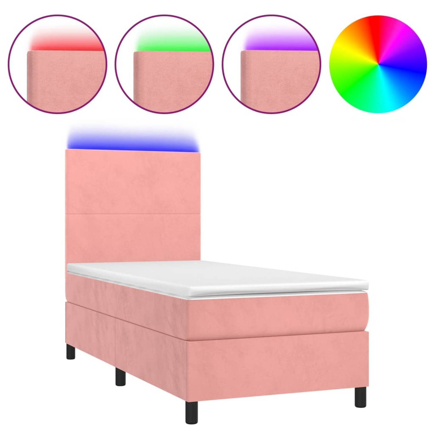 The Living Store Boxspring Bed Roze Fluweel 203x100x118-128 cm Verstelbaar hoofdbord Kleurrijke LED-