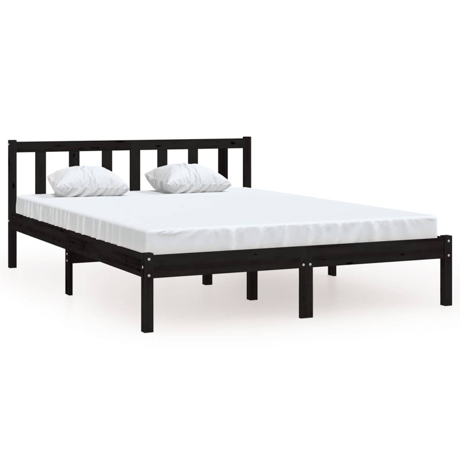 The Living Store Houten Bedframe - 135 x 190 cm - Massief Grenenhout - Zwart