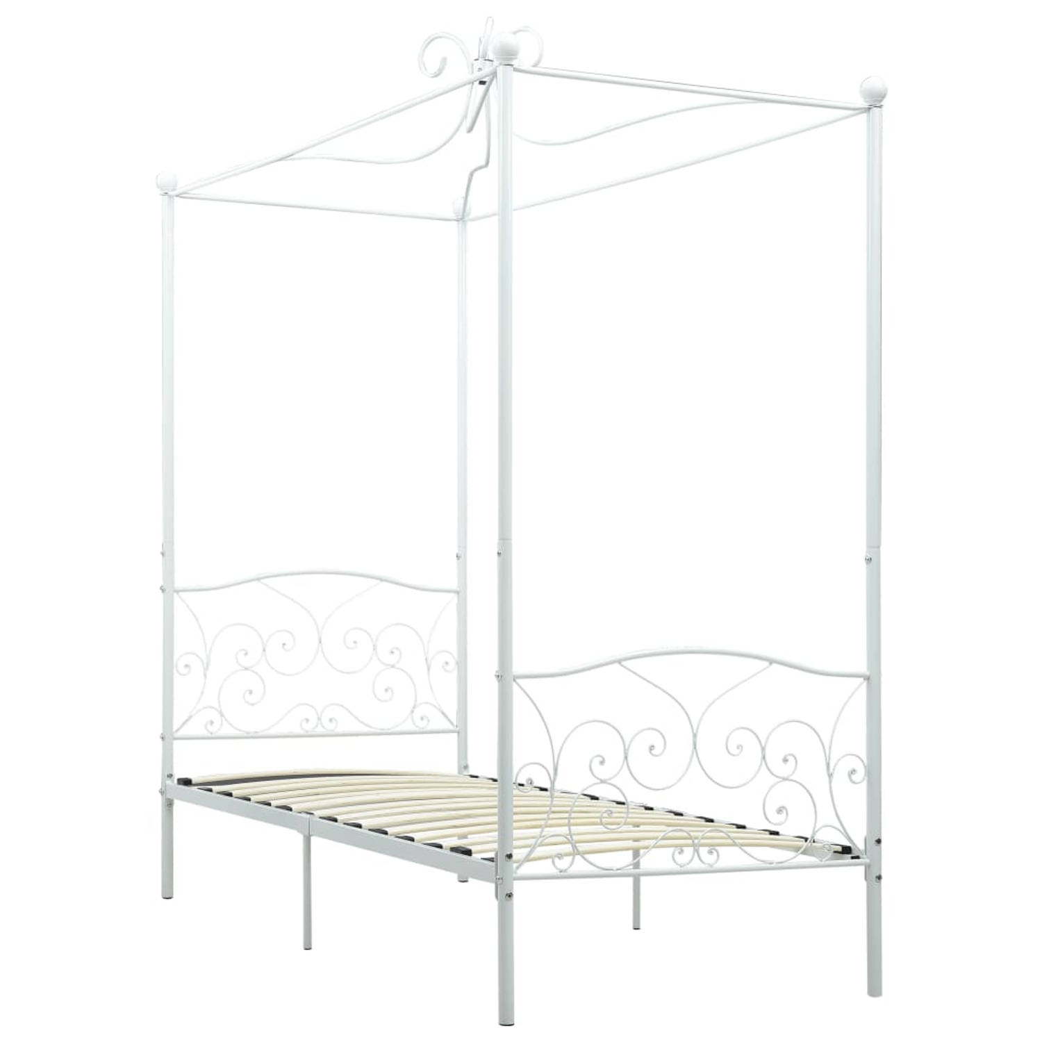 The Living Store Hemelbedframe - Metaal - 211x99x227 cm - Wit - Inclusief Lattenbodem