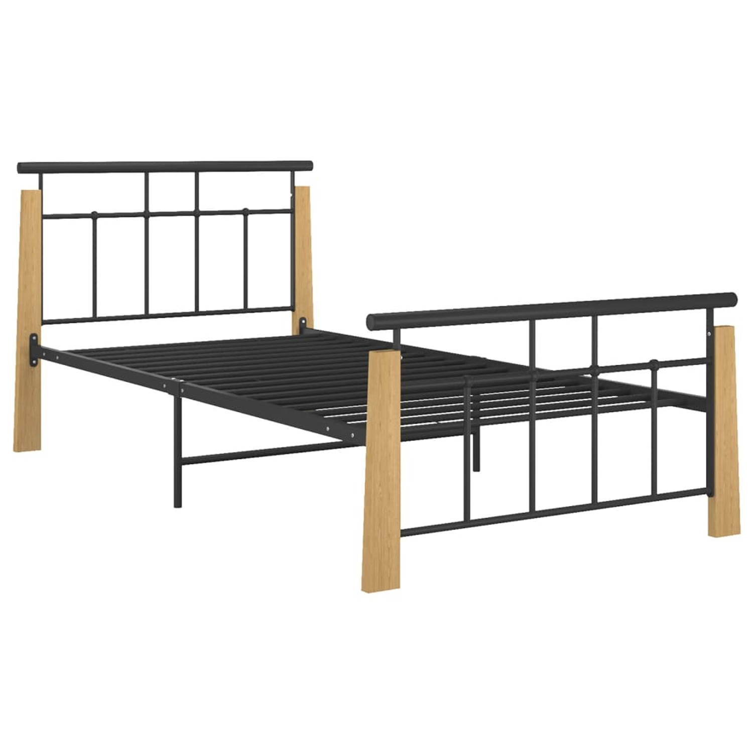 The Living Store Bedframe metaal en massief eikenhout 90x200 cm - Bedframe - Bedframe - Bed Frame - Bed Frames - Bed - Bedden - Metalen Bedframe - Metalen Bedframes - 1-persoonsbed