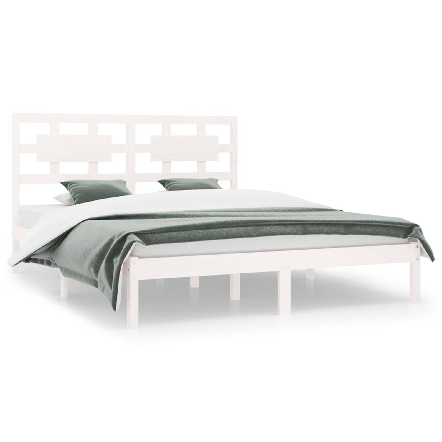 The Living Store Bed - Massief grenenhout - 205.5 x 155.5 x 31 cm - Comfortabele ondersteuning - Wit