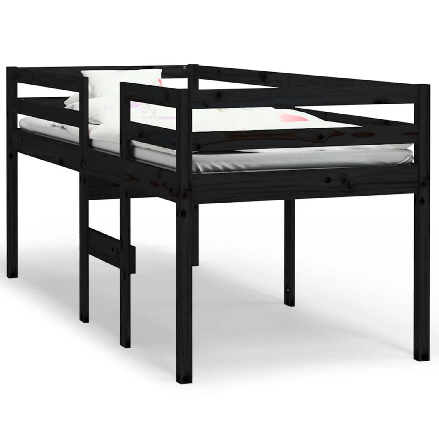 The Living Store Hoogslaper massief grenenhout zwart 75x190 cm - Bed