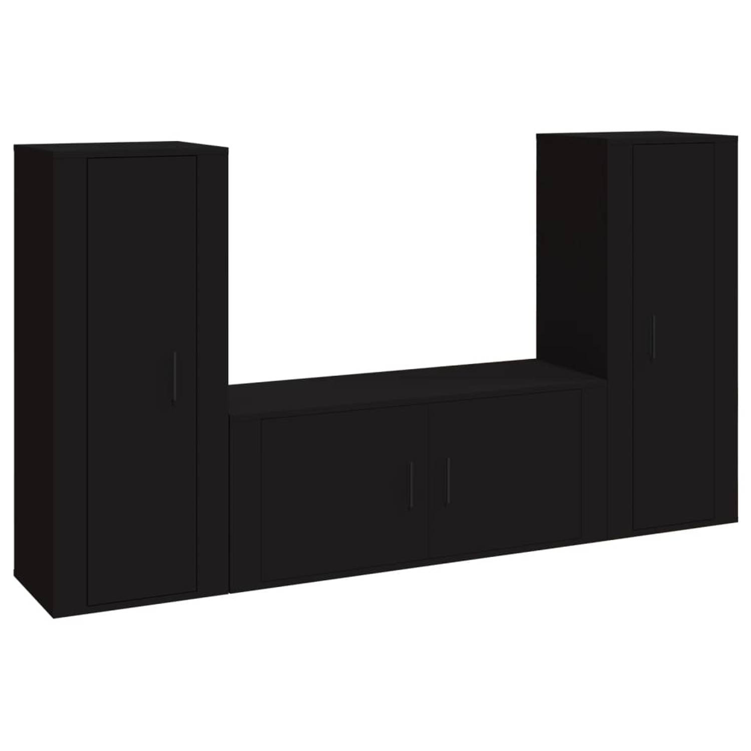 The Living Store 3-delige Tv-meubelset bewerkt hout zwart - Kast