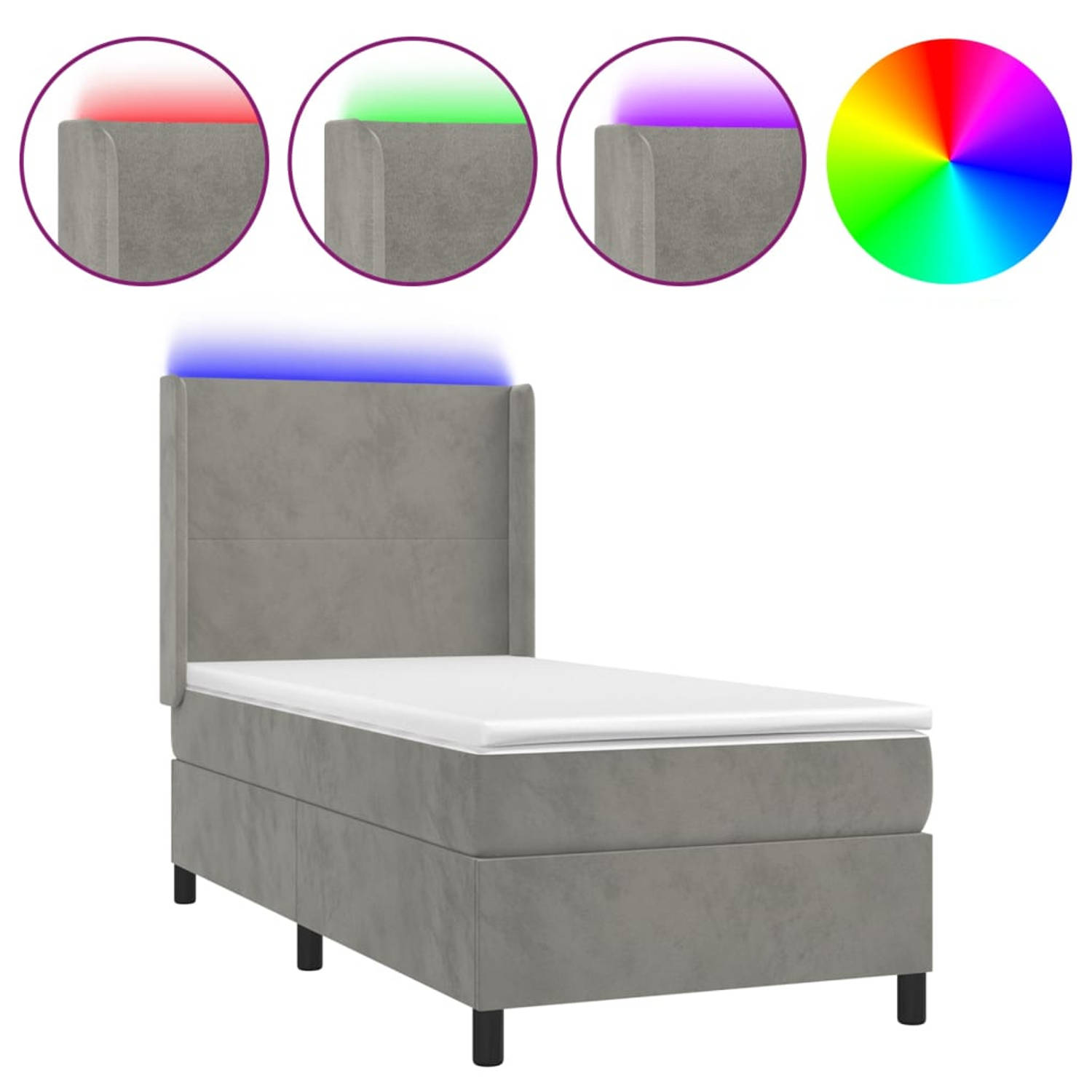 The Living Store Boxspring met matras en LED fluweel lichtgrijs 90x200 cm - Bed