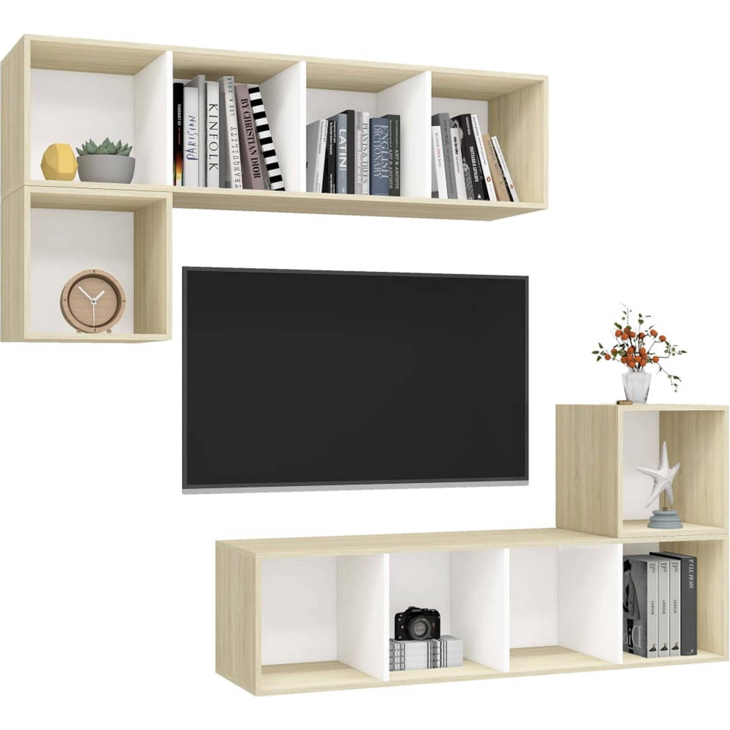The Living Store Televisiewandmeubelset - Wit en Sonoma Eiken - 2x TV-meubel- 37x37x37cm - 2x TV-meubel- 37x37x142.5cm