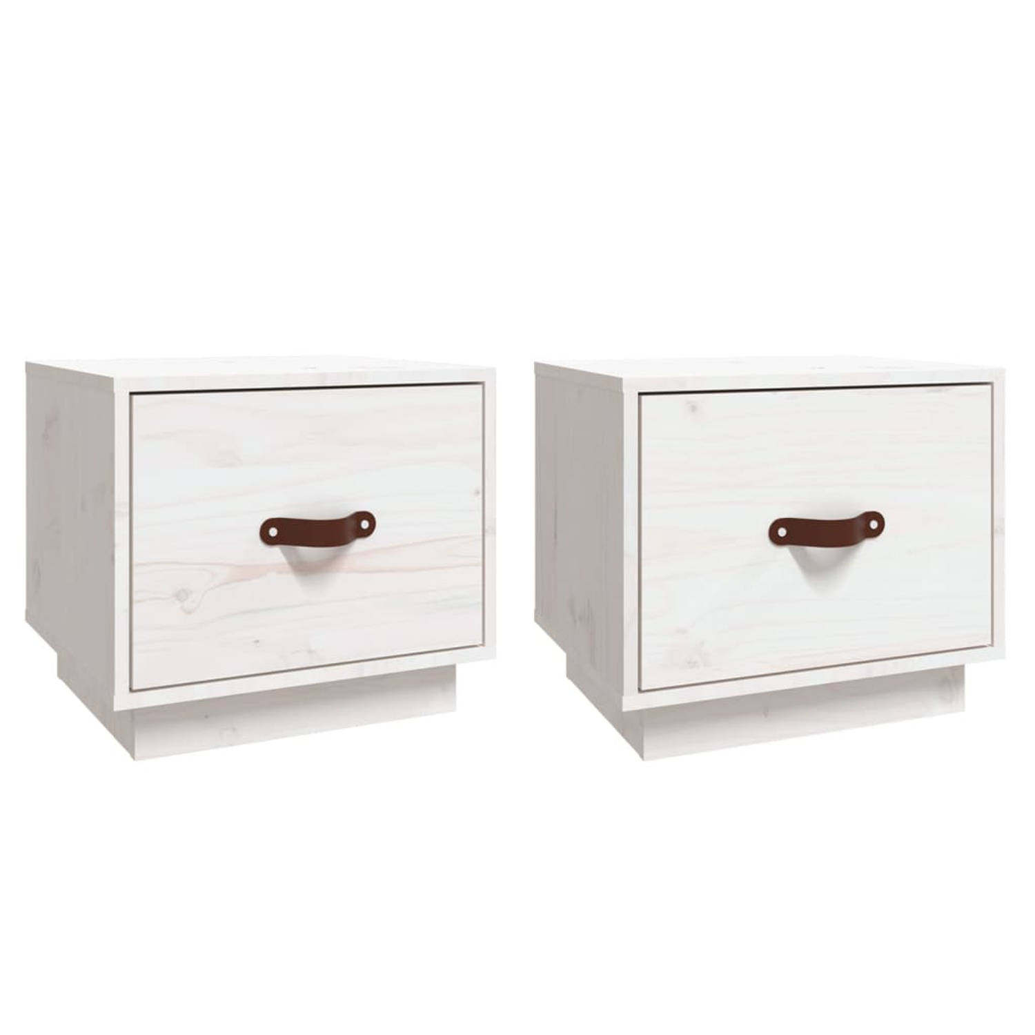 The Living Store Nachtkastjes Grenenhout Wit - Set van 2 - 40x34x35 cm - Met lade en kunstleren handgreep