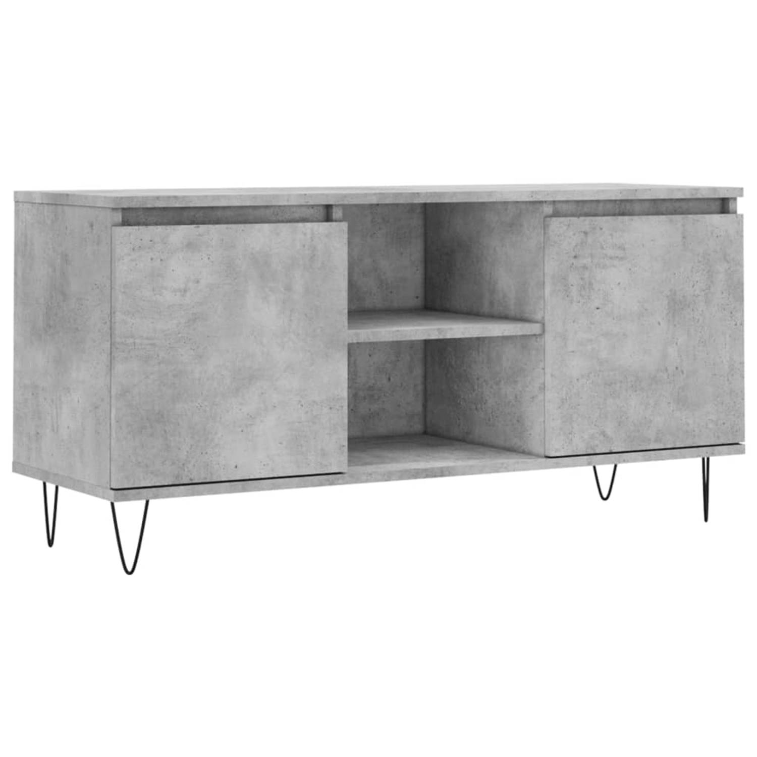 The Living Store TV-meubel Betongrijs 104 x 35 x 50 cm - Opbergkast met 4 vakken - Stevig bewerkt hout en ijzer