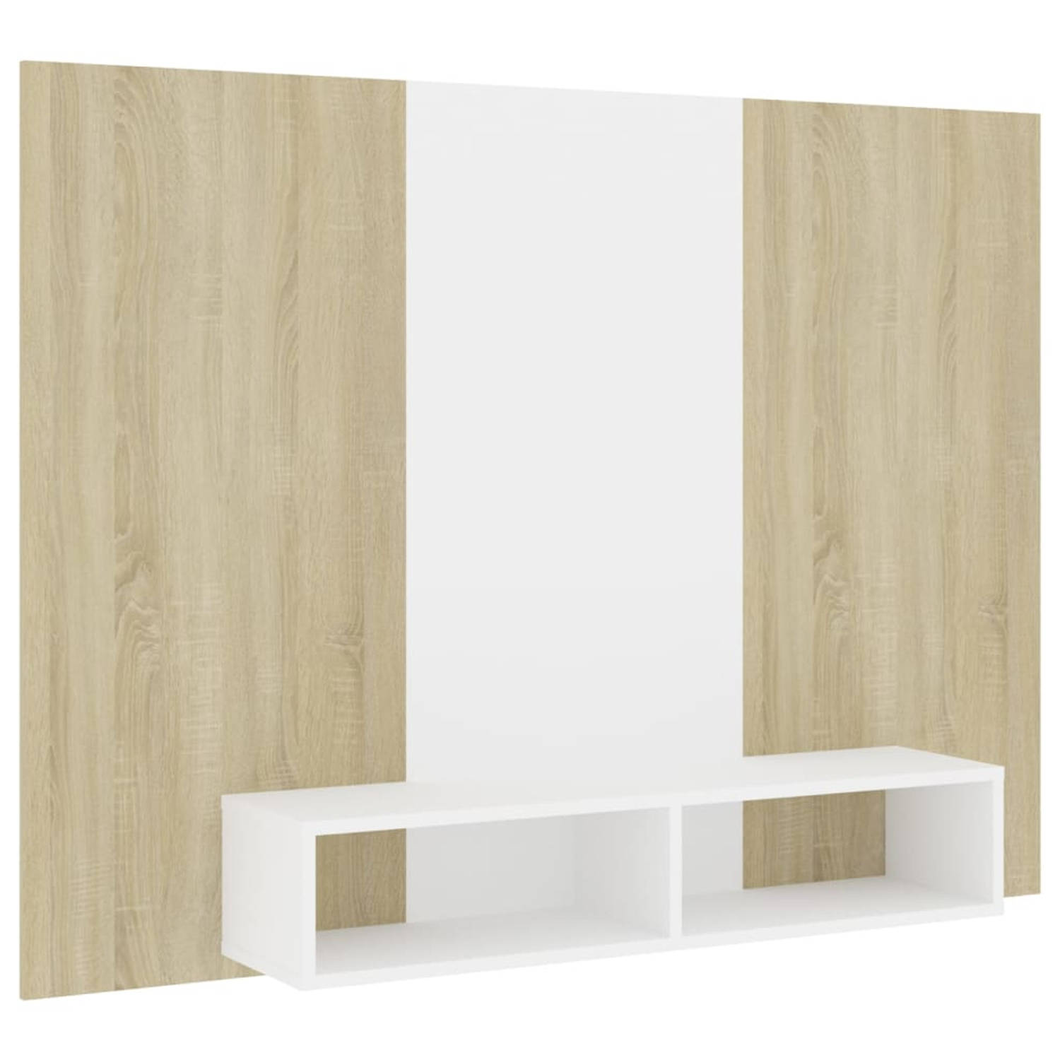 The Living Store Tv-wandmeubel - Spaanplaat - 135 x 23.5 x 90 cm - Wit en Sonoma eiken - Voeg elegantie en gemak toe aan je interieur!