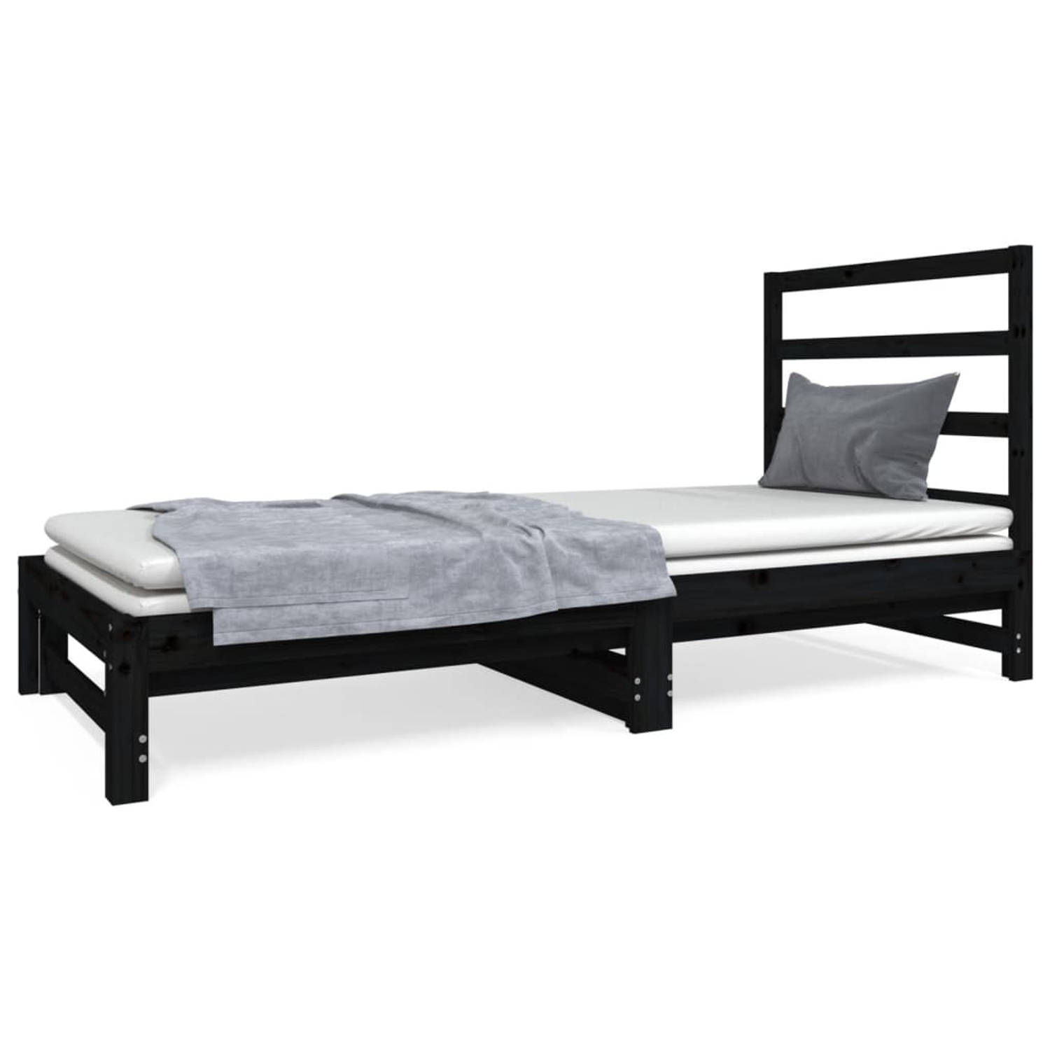 The Living Store Slaapbank uitschuifbaar massief grenenhout zwart 2x(90x190) cm - Slaapbank - Slaapbanken - Bedbank - Bed - Bedframe - Houten Bedframe - Bedbodem - Logeerbed - Slaa