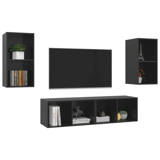 The Living Store Televisiewandmeubelset - Hoogglans zwart - 37 x 37 x 72 cm - 4 stuks