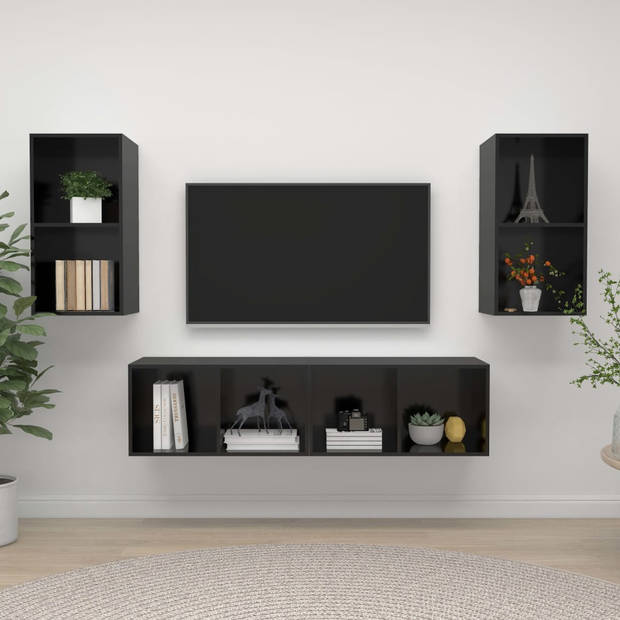 The Living Store Televisiewandmeubelset - Hoogglans zwart - 37 x 37 x 72 cm - 4 stuks