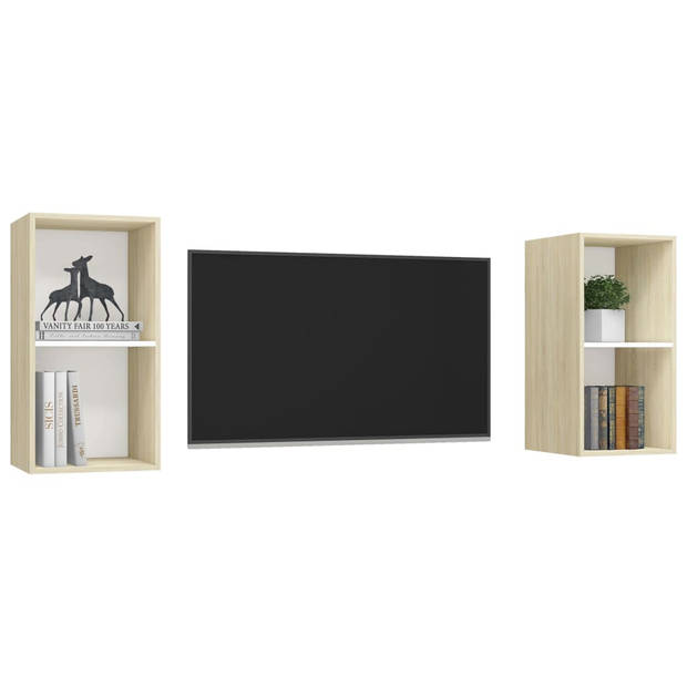 The Living Store TV-meubel Set van 2 - Televisiewandmeubel - 37x37x72 cm - wit/sonoma eiken