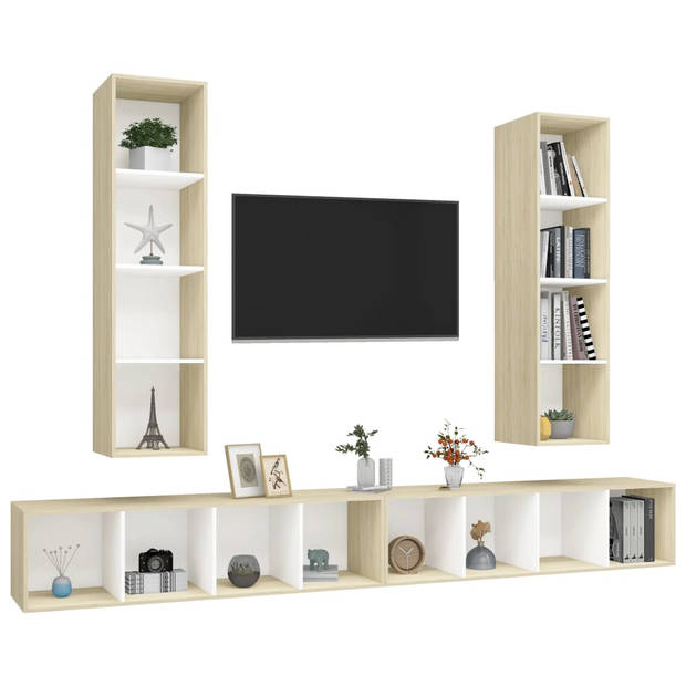 The Living Store Tv-meubelset - Tv-meubelen - 37 x 37 x 142.5 cm - Kleur- wit en sonoma eiken - Materiaal- spaanplaat