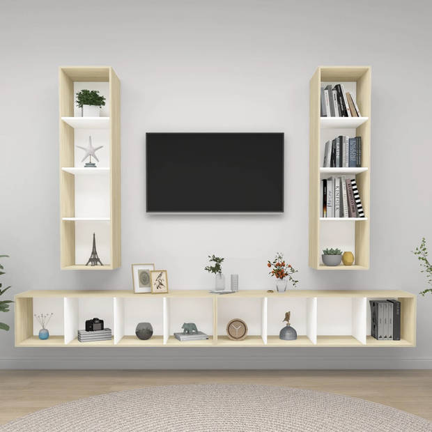 The Living Store Tv-meubelset - Tv-meubelen - 37 x 37 x 142.5 cm - Kleur- wit en sonoma eiken - Materiaal- spaanplaat