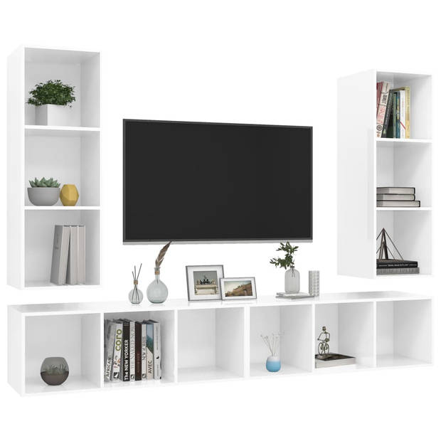 The Living Store Televisiewandmeubelset - Hoogglans wit - 37 x 37 x 107 cm - 4x tv-meubel