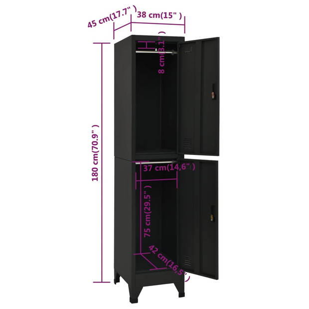 The Living Store Lockerkast - zwart staal - 38 x 45 x 180 cm - met hangers en labelhouders