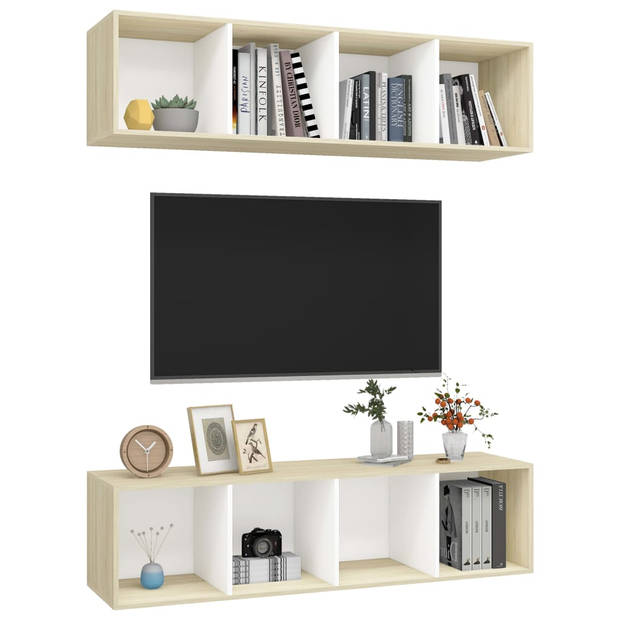 The Living Store Televisiewandmeubelset - TV-meubel - Wit/Sonoma eiken - 37 x 37 x 142.5 cm - 4 vakken