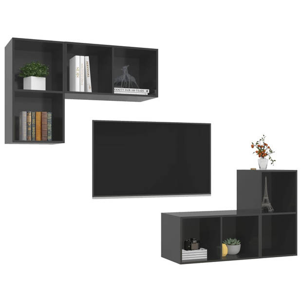 The Living Store Tv-meubelset - Hoogglans grijs - 37 x 37 x 72 cm - 4 stuks