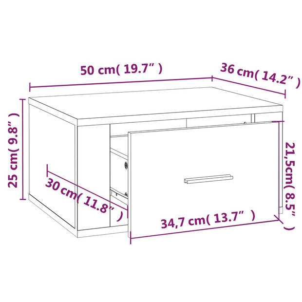 vidaXL Nachtkastje wandgemonteerd 50x36x25 cm hoogglans wit