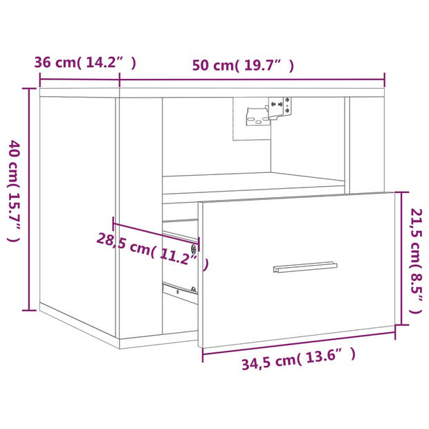 vidaXL Nachtkastje wandgemonteerd 50x36x40 cm hoogglans wit