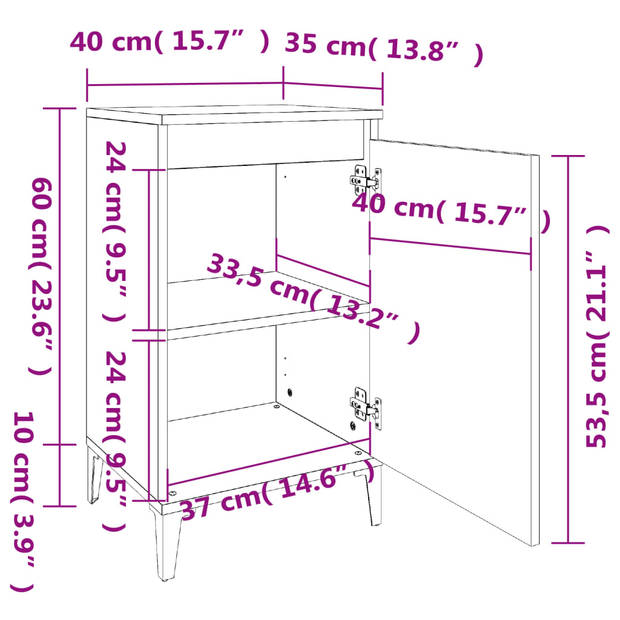 The Living Store Nachttafel Klassiek Bruineiken - 40 x 35 x 70 cm - Duurzaam Hout en Metaal