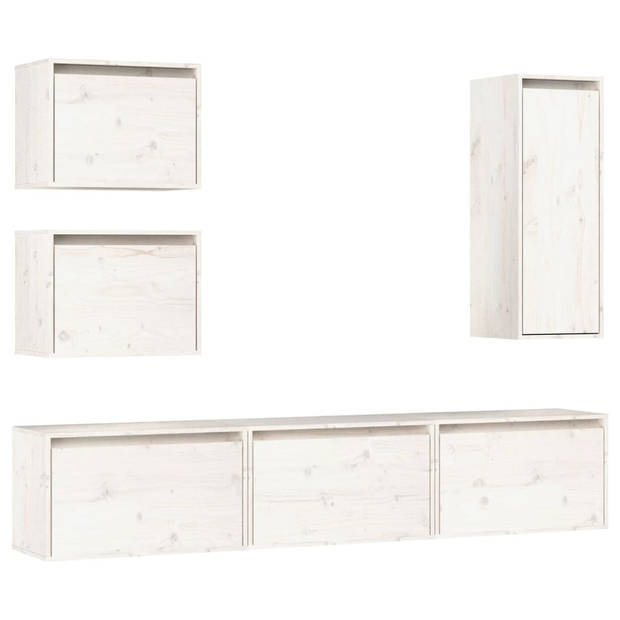 The Living Store TV meubel set - hangkast - massief grenenhout - wit - 3x 60x30x35cm - 2x 45x30x35cm - 1x 30x30x80cm