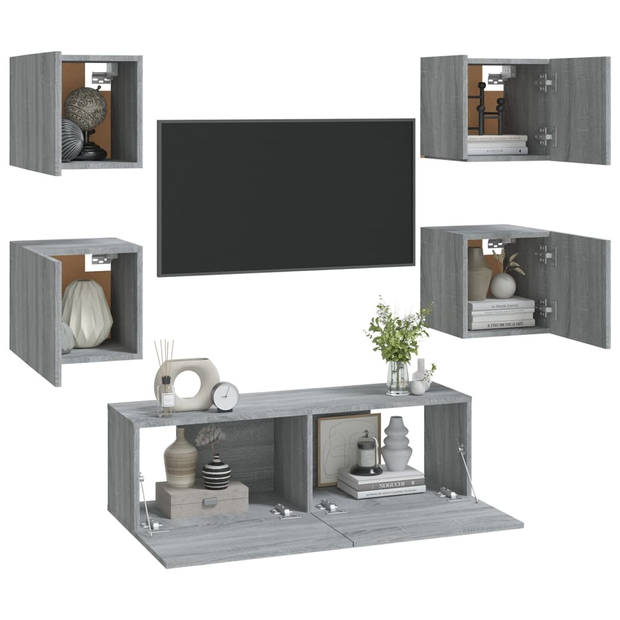 The Living Store Wandmeubel - TV-meubel - Grijs Sonoma Eiken - 30.5x30x30cm en 100x30x30cm - Inclusief 4x S en 1x L