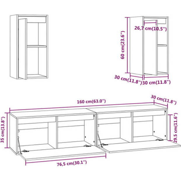 The Living Store Wandkast - TV-meubel - Set van 4 - Massief grenenhout - Zwart