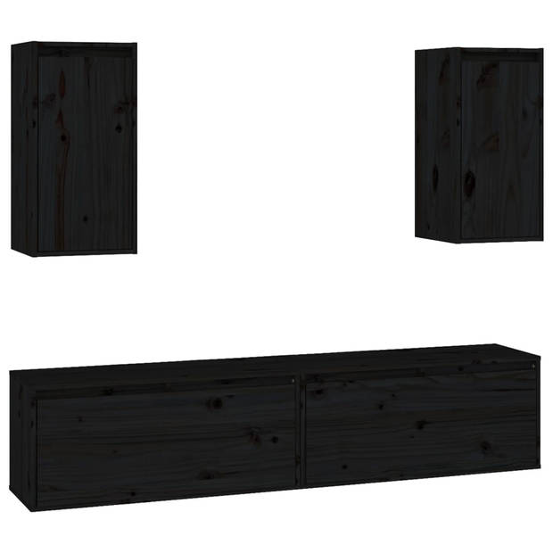 The Living Store Wandkast - TV-meubel - Set van 4 - Massief grenenhout - Zwart