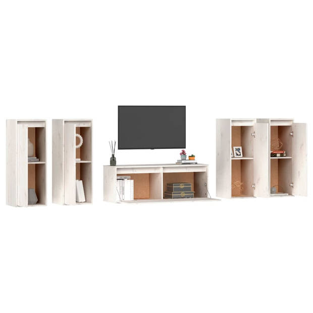 The Living Store Wandkasten - Massief grenenhout - Set van 5 - Wit - TV-meubel- 100x30x35cm - Hangkast- 30x30x80cm