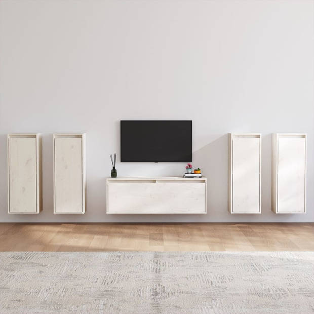 The Living Store Wandkasten - Massief grenenhout - Set van 5 - Wit - TV-meubel- 100x30x35cm - Hangkast- 30x30x80cm