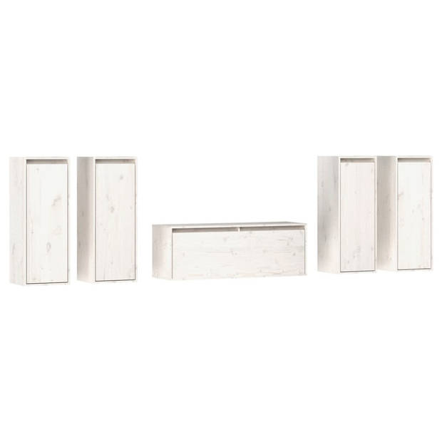 The Living Store Wandkasten - Massief grenenhout - Set van 5 - Wit - TV-meubel- 100x30x35cm - Hangkast- 30x30x80cm