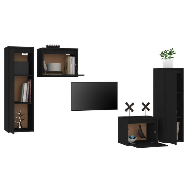 The Living Store Televisiemeubel - Zwart - Massief Grenenhout - Set van 2 - 45x30x35cm - 30x30x100cm