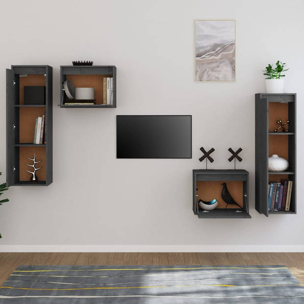 The Living Store Wandmeubel - Grijs - Massief grenenhout - 2x TV-meubel 45x30x35cm - 2x TV-meubel 30x30x100cm