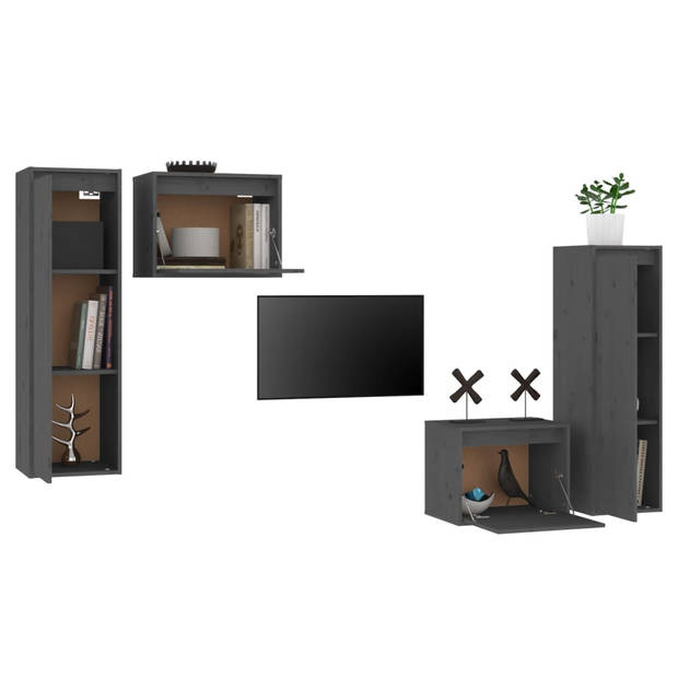 The Living Store Wandmeubel - Grijs - Massief grenenhout - 2x TV-meubel 45x30x35cm - 2x TV-meubel 30x30x100cm