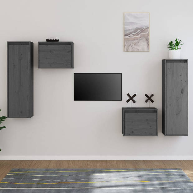 The Living Store Wandmeubel - Grijs - Massief grenenhout - 2x TV-meubel 45x30x35cm - 2x TV-meubel 30x30x100cm