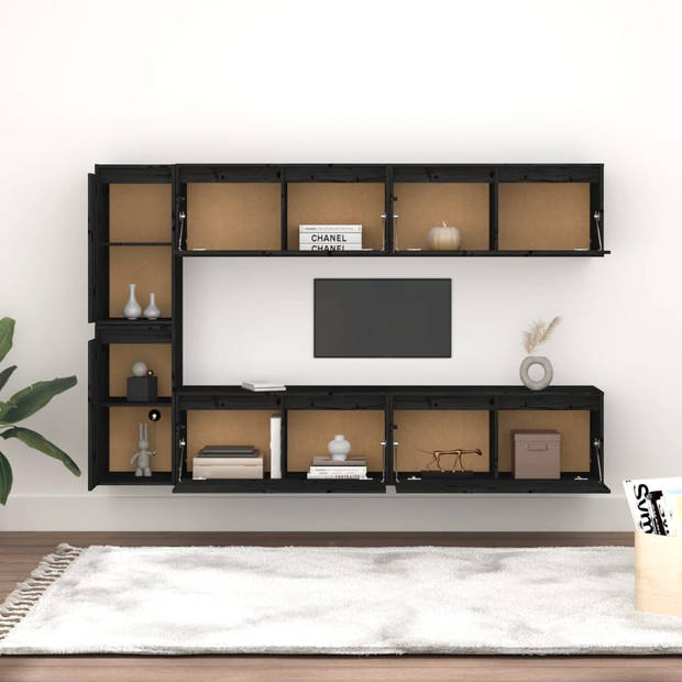 The Living Store Televisiekasten - Zwart - Massief Grenenhout - Set van 4x 80x30x35cm + 2x 30x30x60cm