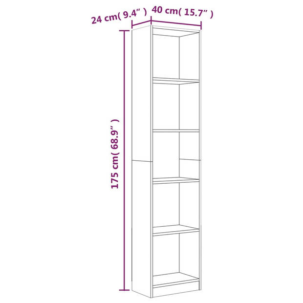 The Living Store Boekenkast - Bruineiken - 40 x 24 x 175 cm - 5-laags