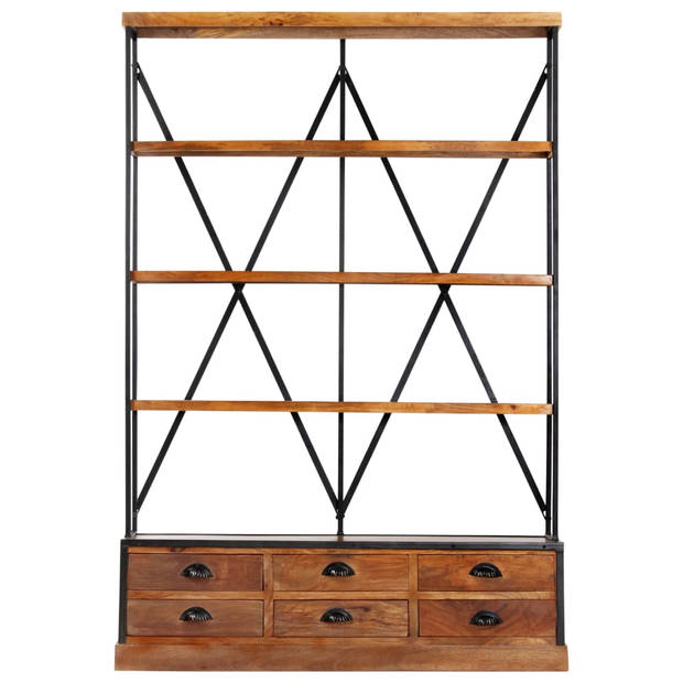The Living Store 4-laagse boekenkast met 6 lades - 122 x 36 x 181 cm - Massief mangohout en gepoedercoat stalen frame