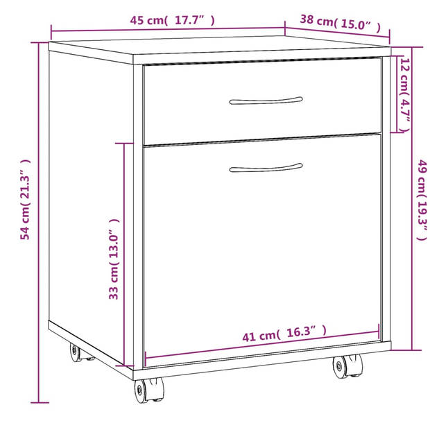 The Living Store Verrijdbare Kast - Bureauopbergkast - 45x38x54 cm - Gerookt Eiken - Hoge Kwaliteit