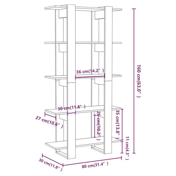 The Living Store Boekenkast - Sonoma Eiken - 80 x 30 x 160 cm - Gemaakt van Spaanplaat