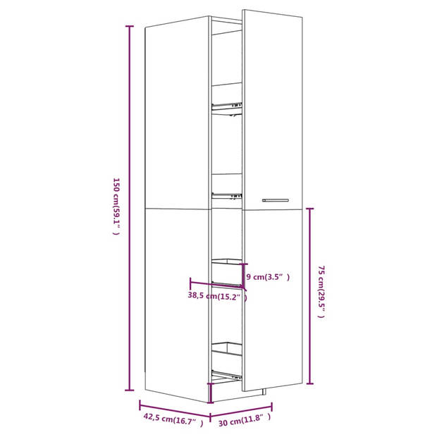 The Living Store Apothekerskast - Gerookt Eiken - 30 x 42.5 x 150 cm - Uittrekbaar