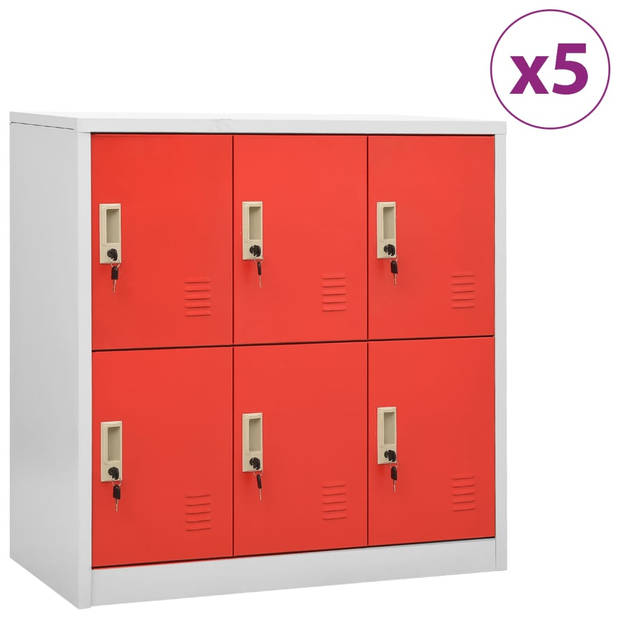 The Living Store Lockerkast - Opbergkast - 90 x 45 x 92.5 cm - 6 lockers - lichtgrijs/rood - staal