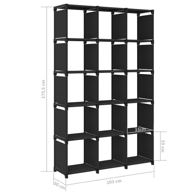 The Living Store Vakkenkast - 103 x 30 x 175.5 cm - Zwart stof en staal - 15 open vakken