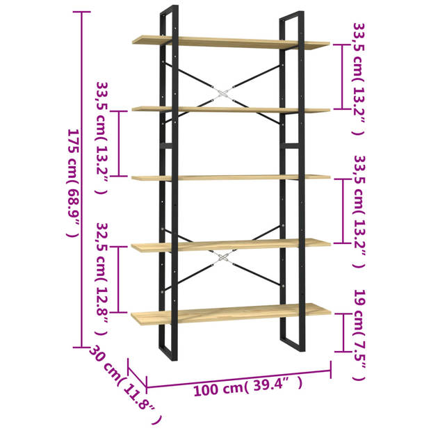 The Living Store Boekenkast Houten en metalen boekenkast - 100 x 30 x 105 cm - grenenhout/metaal