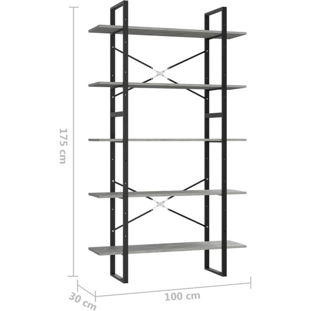 The Living Store Boekenkast met 5 schappen 100x30x175 cm bewerkt hout betongrijs - Kast