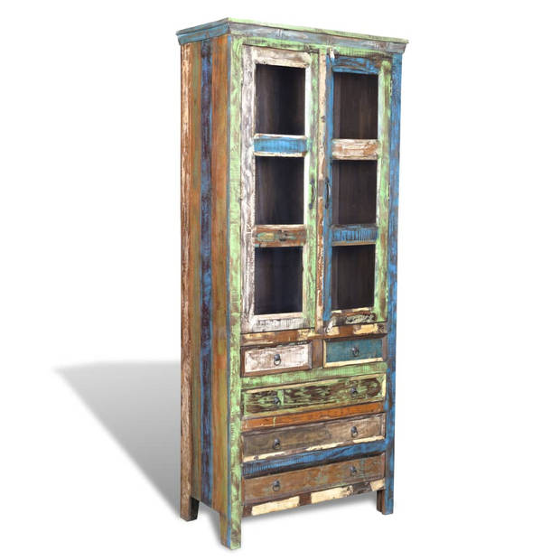 The Living Store Boekenkast Vintage Style - Houten - 90 x 48 x 214 cm - Gerecycled Hout - Meerkleurige Deuren