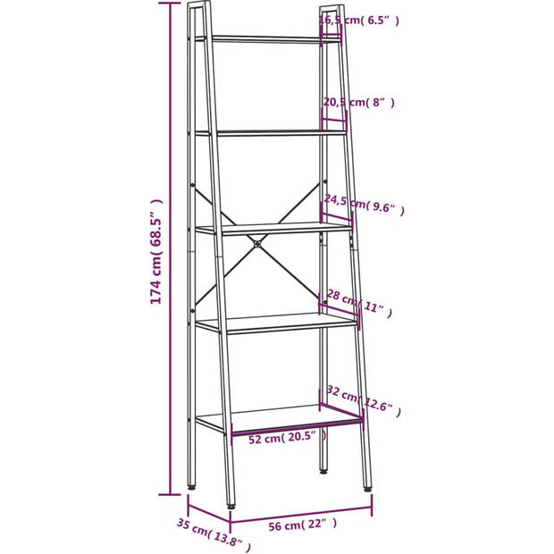 The Living Store Opbergrek - 5 schappen - Lichtbruin/Zwart - 56 x 35 x 174 cm - Sterke stalen constructie