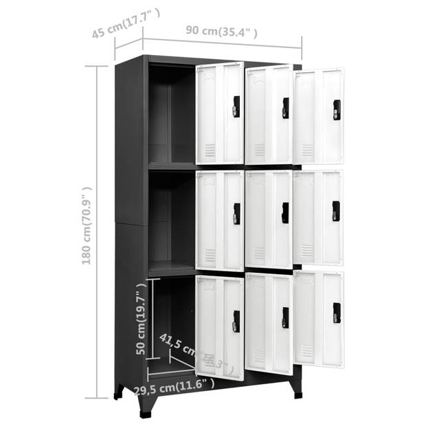 The Living Store Lockerkast - Steel - 90 x 45 x 180 cm - Antraciet/Wit